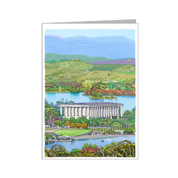 Greeting card with a scenic illustration of a building surrounded by greenery and water.