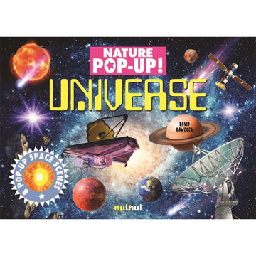'Nature's Pop Up' book cover featuring an illustration of space with planets and satellites. 