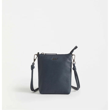 Front view of a navy leather pouch with the ELK log written at the top.