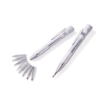 Two silver screwdrivers shown, one with a screwdriver bit inside and one without. The one without has eight screwdriver bits shown next to it.