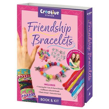 'Friendship Bracelets' box and book kit featuring pictures of the bracelets and charms on the front and an arm wearing lots of woven bracelets. 
