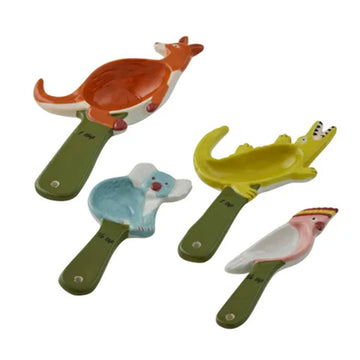 Four measuring spoons each shaped like a different Australian animal including a kangaroo, koala and crocodile.