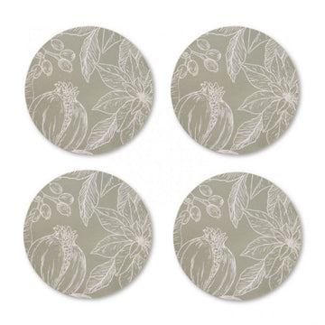 A set of four round coasters printed with a floral line drawing.