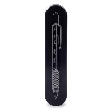 A black skinny tin with a white outline drawing of a pen.