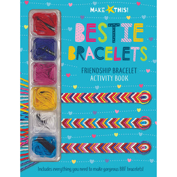 'Bestie Bracelets' kit and book featuring pictures of woven bracelets and six clear packets showing the coloured threads inside.
