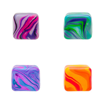 A cube shaped stress toy in a box with a clear window. The box is titled 'Nice Cube Swirl'.