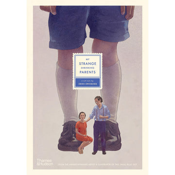 'My Strange Shrinking Parents' book cover featuring an illustration of two people with a much larger illustration of a child in the background.