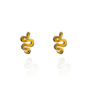 A pair of gold snake shaped stud earrings.
