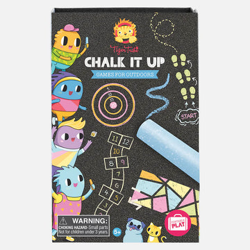 A black box titled 'Chalk it Up' with illustrations of games drawn in chalk including hopscotch and a bullseye. 