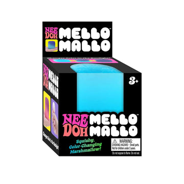 A box with a clear window showing a blue stress toy inside. The box is titled 'Nee Doh Mello Mallo'.
