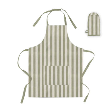 A matching apron and oven mitt in a green stripe pattern.
