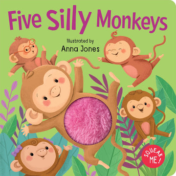 'Five Silly Monkeys' book cover featuring an illustration of five monkeys amongst leaves. One monkey has a pink fluffy stomach.