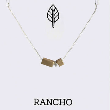 Necklace with gold rectangle pendants on a white background, featuring the brand 'RANCHO'.