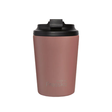 A reusable coffee cup in a tuscan brown colour with a black lid.