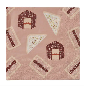 A pink paper napkin illustrated with lamingtons, fairy bread and iced vovos. 