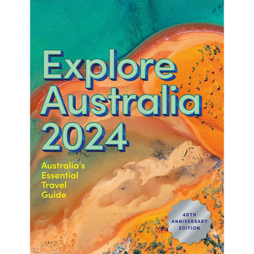 'Explore Australia 2024' book cover featuring a top down view of a beach with sand and ocean.