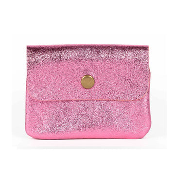 Pink glittery coin purse with a gold button on a white background.