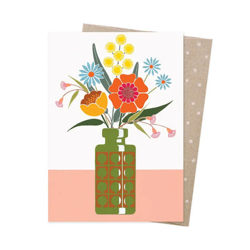 Greeting card with a floral design and patterned vase on a white background.