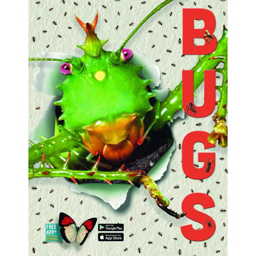 'Bugs' book cover featuring a close up photo of a green bug ripping through paper and surrounded by ants.