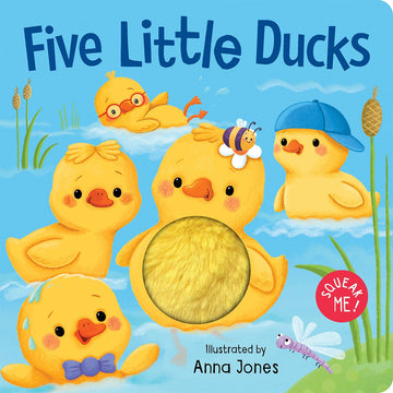 'Five Little Ducks' book cover featuring an illustration of five ducks in water. One duck has a yellow fluffy belly.