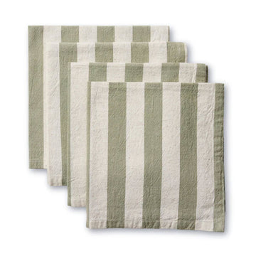Set of four green and white striped napkins on a white background.