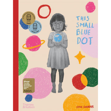 'The Small Blue Dot' book cover featuring an illustration in black and white of a child surrounded by coloured circles.