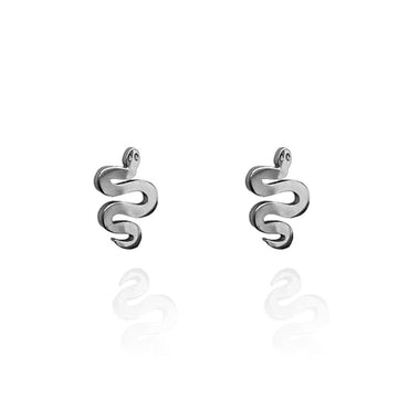 A pair of silver snake shaped stud earrings.