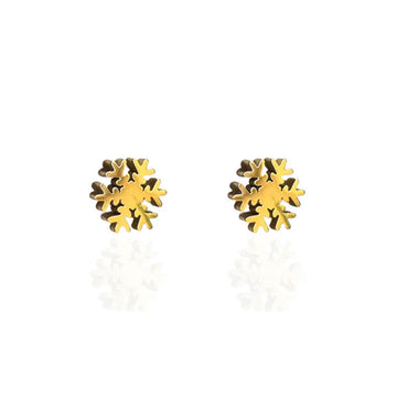 A pair of gold snowflake shaped stud earrings.