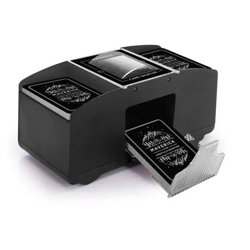 A black machine designed to shuffle playing card. There is a deck of cards on a loading tray and more cards on top of the machine.