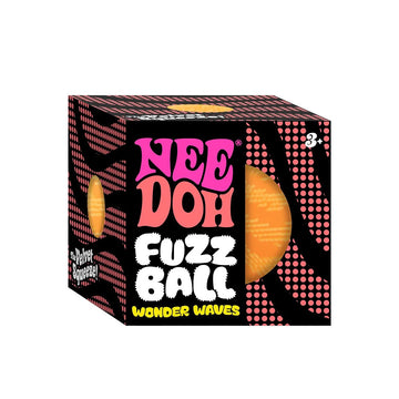 A cube box titled 'Nee Doh Fuzz Ball Wonder Waves' with a cut out showing the stress ball inside.