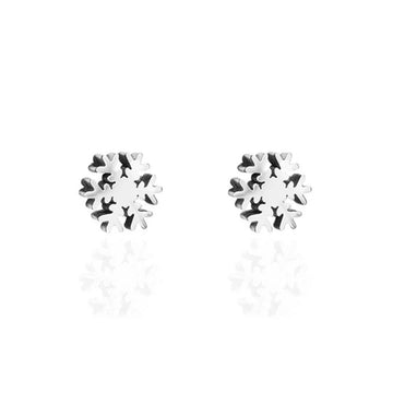 A pair of silver snowflake shaped earrings.