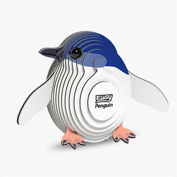 Penguin-shaped carboard model with a visible brand logo on a white background.