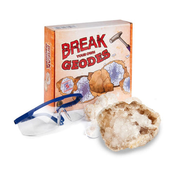 A box titled 'Break Your Own Geodes' with the contents in front including safety glasses and geodes.