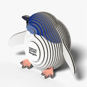 Penguin-shaped carboard model with a visible brand logo on a white background.