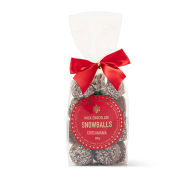 A clear bag filled with chocolate covered marshmallows and tied with a red bow.