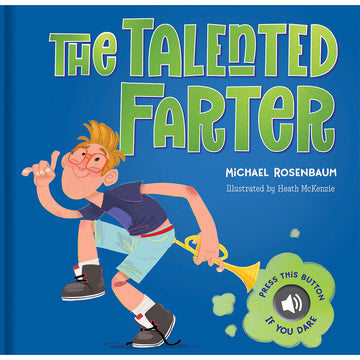 'The Talented Farter' book cover featuring an illustration of a boy dancing and holding a trumpet up to his bottom.