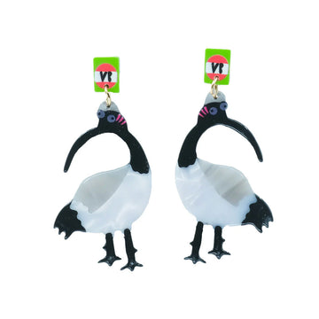 Pair of ibis-shaped earrings with colorful tags on a white background.