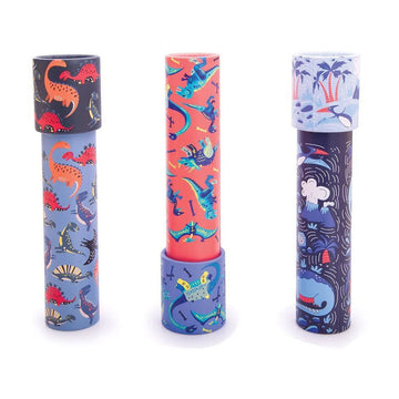 Three kaleidoscopes in different colours and illustrated with dinosaurs.