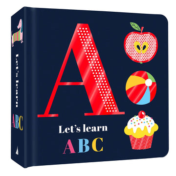 'Lets Learn ABC' book cover featuring the letter 'A' with illustrations of an apple, a ball and cupcake.