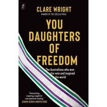 'You Daughters of Freedom' book cover featuring a black background with a white stripe with purple and green stripes.