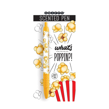 A pen printed with popcorn attached to a product card with the heading 'What's Poppin?'