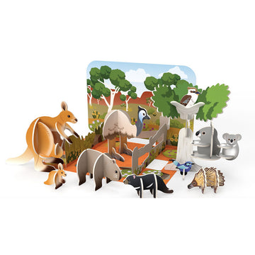 A box titled 'Australian Animals' with an image of Australian animals and a tree made from 3D cardboard cut outs.