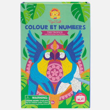A box set titled 'Colour by Numbers' with an illustration of two birds with numbered sections mostly coloured in.