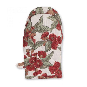 Oven mitt with floral pattern on a white background.