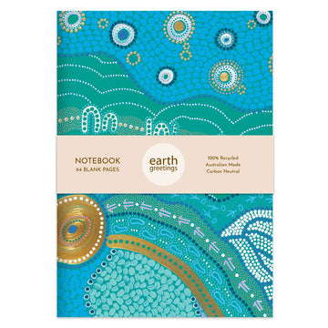 Front cover of a notebook with blue First Nations artwork.