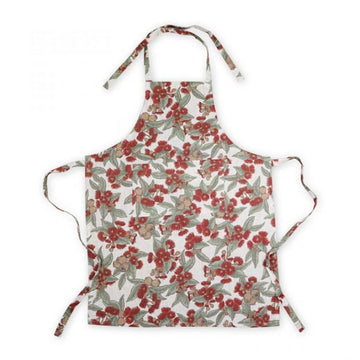 Floral apron with red flowers and green leaves on a white background.