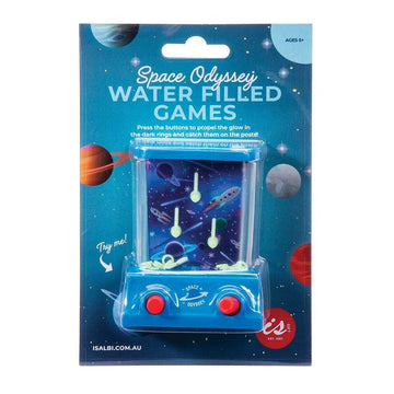 A water filled game in a space theme inside a clear packet attached to a card.