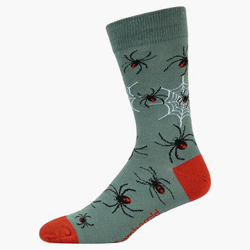 A khaki green sock with a red heel and toe and illustrated with red back spiders.
