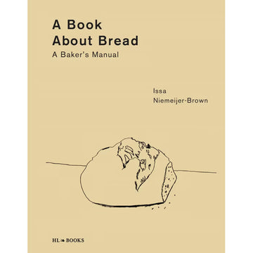 'A Book about Bread' book cover featuring a line drawing of a round loaf of bread with the end cut off on a light brown background.