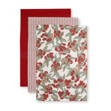 Set of three fabric tea towels with red, striped, and floral patterns on a white background.